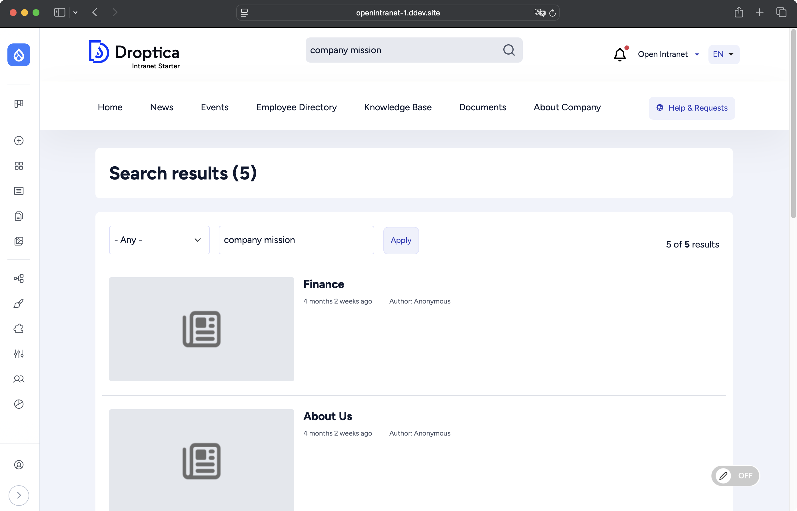Wyniki wyszukiwania wraz z opcją filtrowania po kategoriach w systemie Open Intranet.