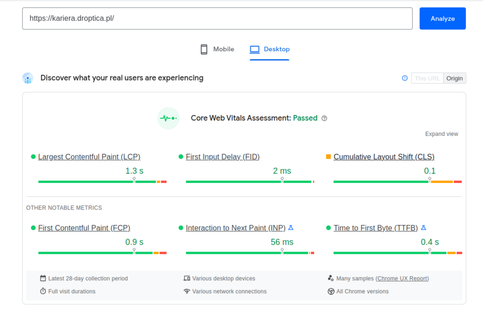 Wyniki testu szybkości ładowania strony przeprowadzonego przy użyciu narzędzia PageSpeed Insights