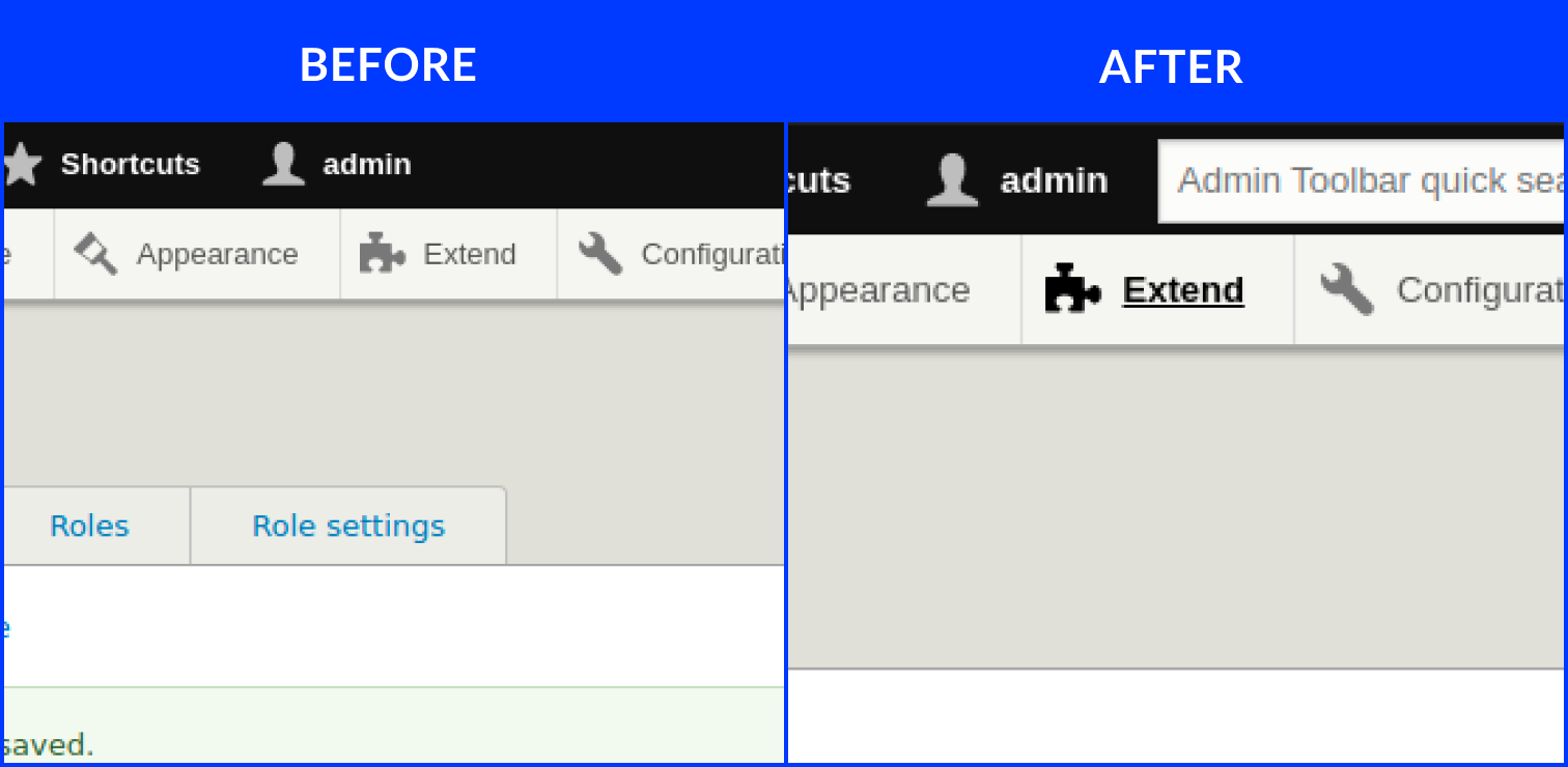 Pasek narzędziowy w Drupalu przed i po dodaniu modułu Admin Toolbar Search