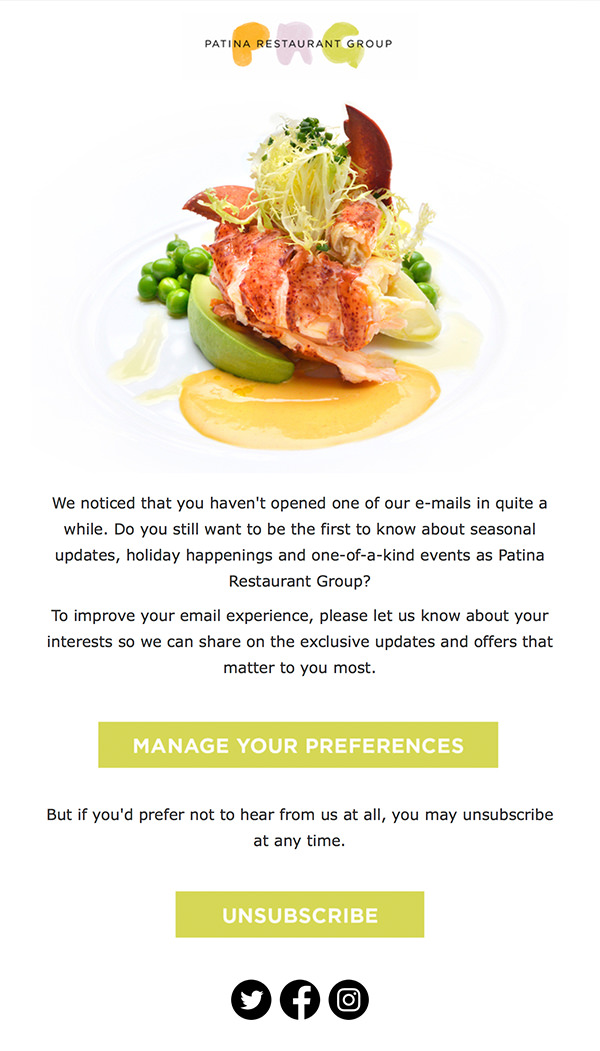 E-mail od Patina Restaurant Group jest przykładem kampanii marketingowej typu win-back