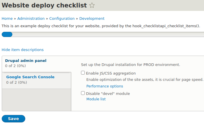Przykład checklisty w Drooplerze, dystrybucji Drupala