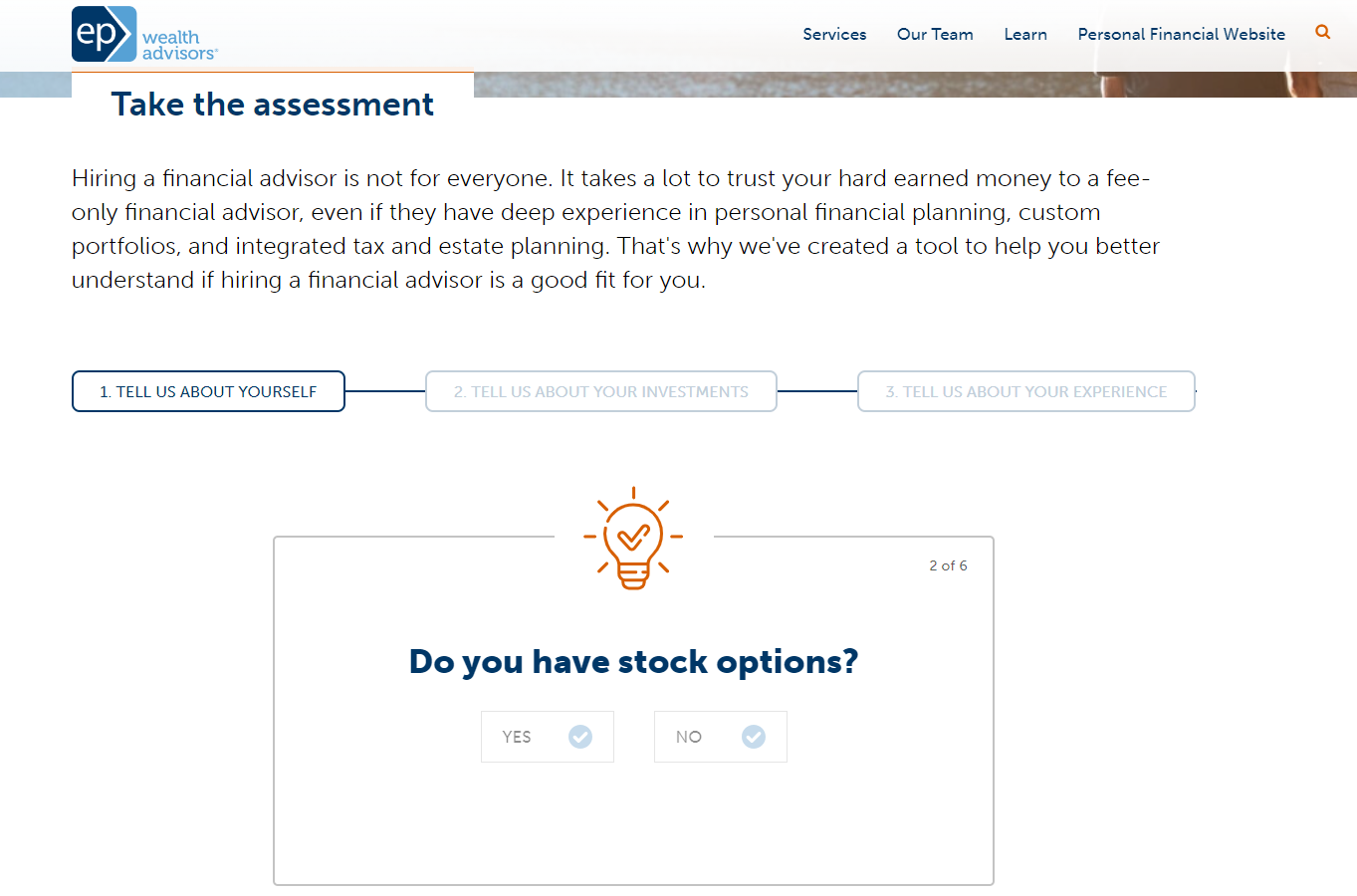 Quiz na stronie EP Wealth Advisors pozwala użytkownikowi sprawdzić, czy potrzebuje usług doradczych