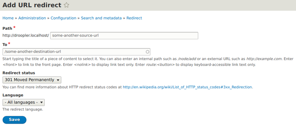 Dodawanie nowego przekierowania w module Redirect