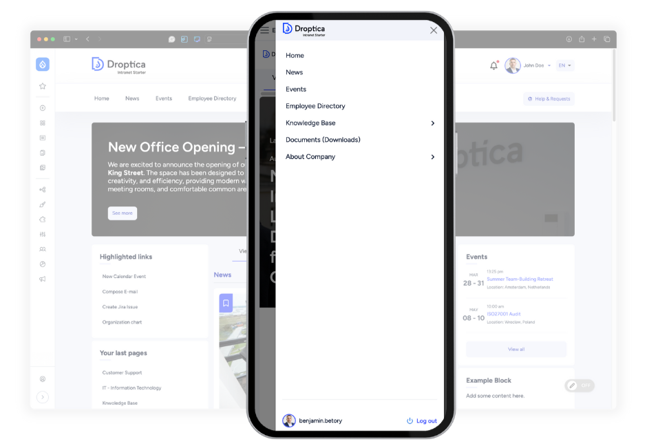 Open Intranet wyświetla się prawidłowo na urządzeniach mobilnych dzięki responsywnemu designowi
