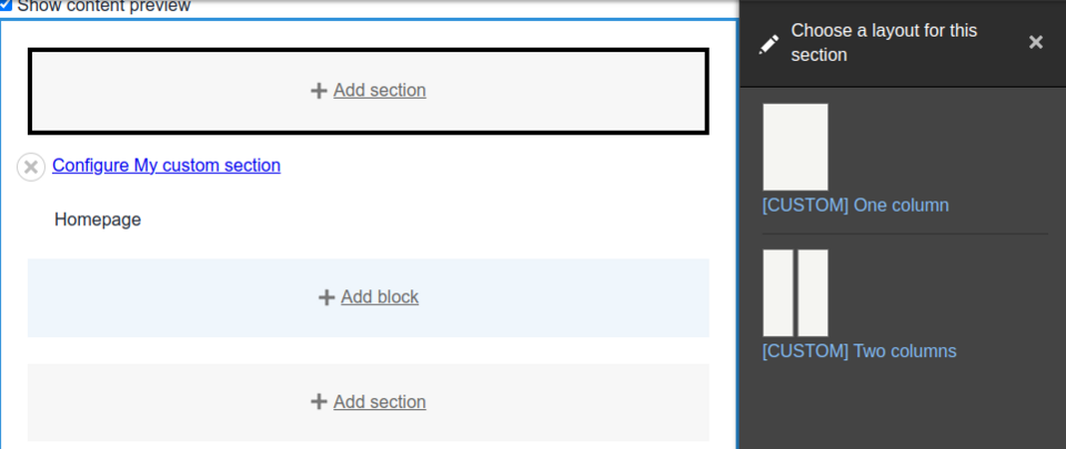 Lista dostępnych sekcji dla niestandardowego układu w Layout Builderze