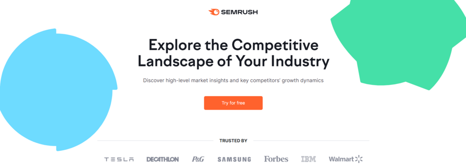 Sekcja Hero landing page'a Semrush zawiera czytelny komunikat i widoczny przycisk CTA