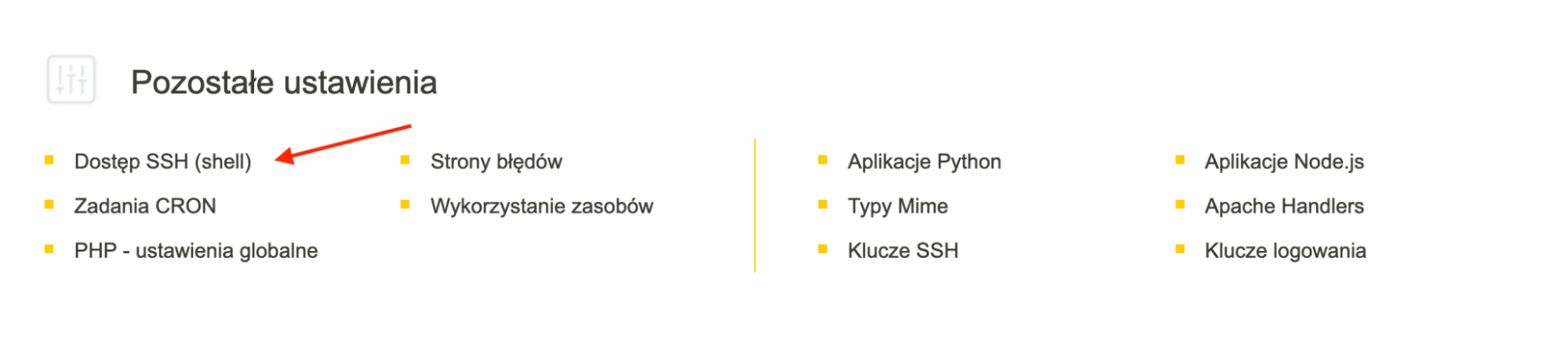 Widok pozostałych ustawień w cyber_Folks ze wskazaniem miejsca do włączania SSH