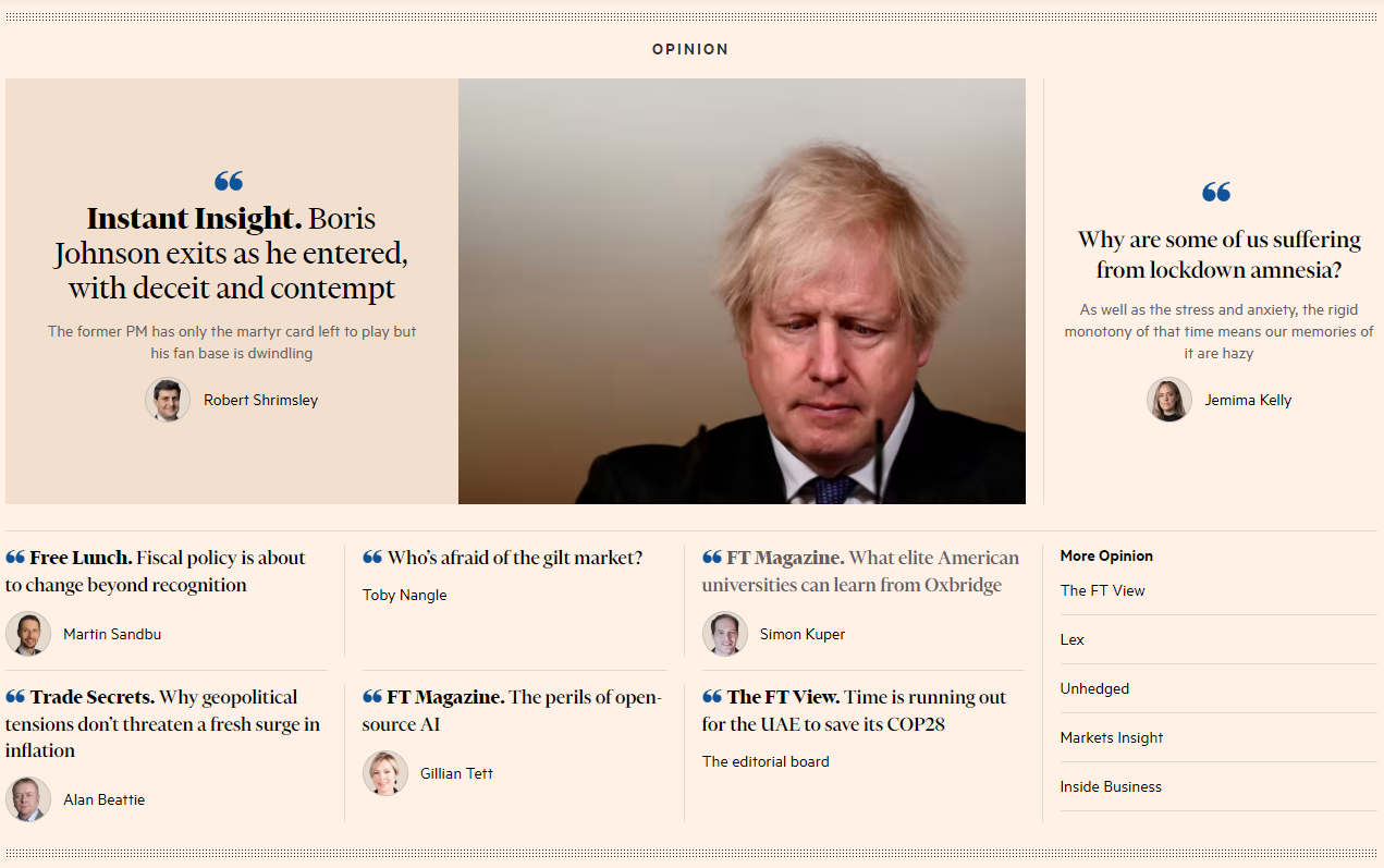Strona Financial Times posiada sekcję z artykułami opiniotwórczymi od dziennikarzy branżowych