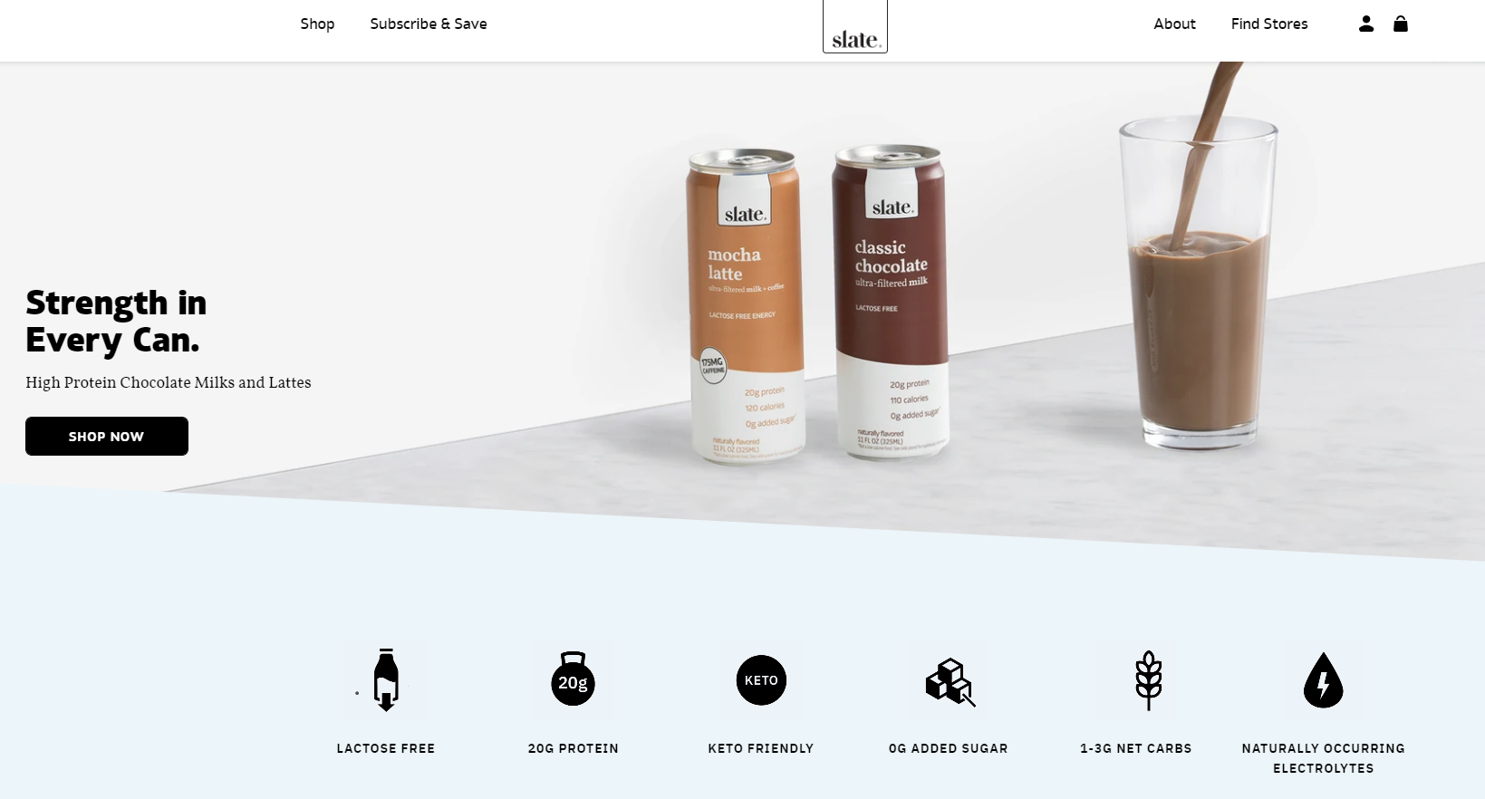 Strona internetowa Slate Milk zawiera dobrej jakości zdjęcia i ikony przedstawiające cechy produktu