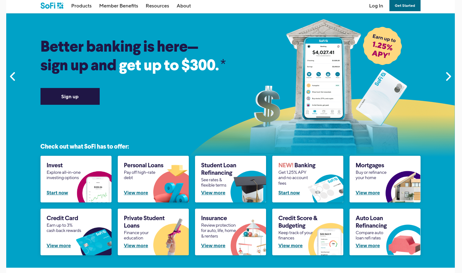 Strona główna banku Sofi jest wypełniona różnymi hasłami reklamującymi jego usługi fintechowe