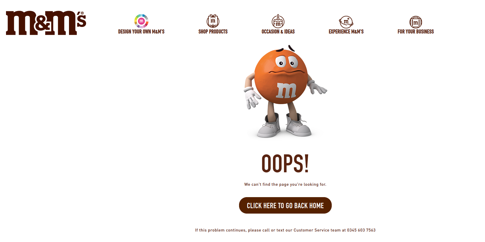 Strona błędu 404 firmy M&M's jest przykładem landing page'a o charakterze informacyjnym