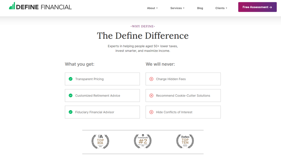 Na stronie głównej Define Financial klienci mogą znaleźć zalety usług tej firmy