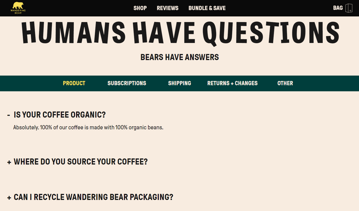 Strona FAQ firmy Wandering Bear wyróżnia się luźnym stylem komunikacji