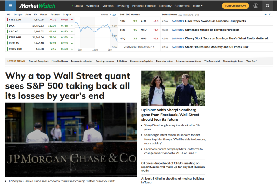 Strona MarketWatch prezentuje dużo danych z giełdy i informacje z branży finansowej
