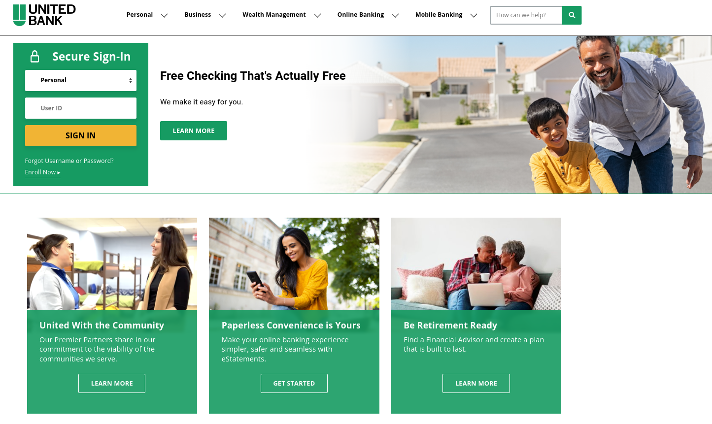 Strona internetowa banku United wykorzystuje kolor zielony, aby wyróżnić najważniejsze sekcje