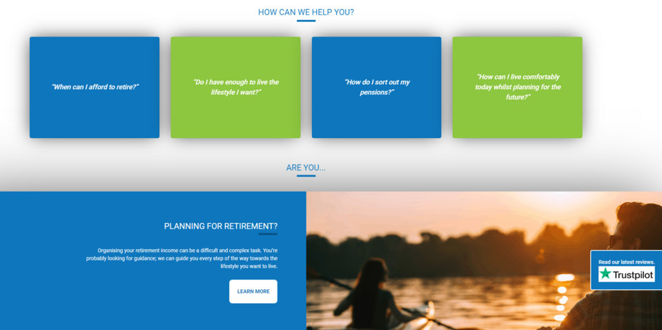 Pytania na stronie The Pension Planner pozwalają klientowi przekonać się, czy oferta jest dla niego