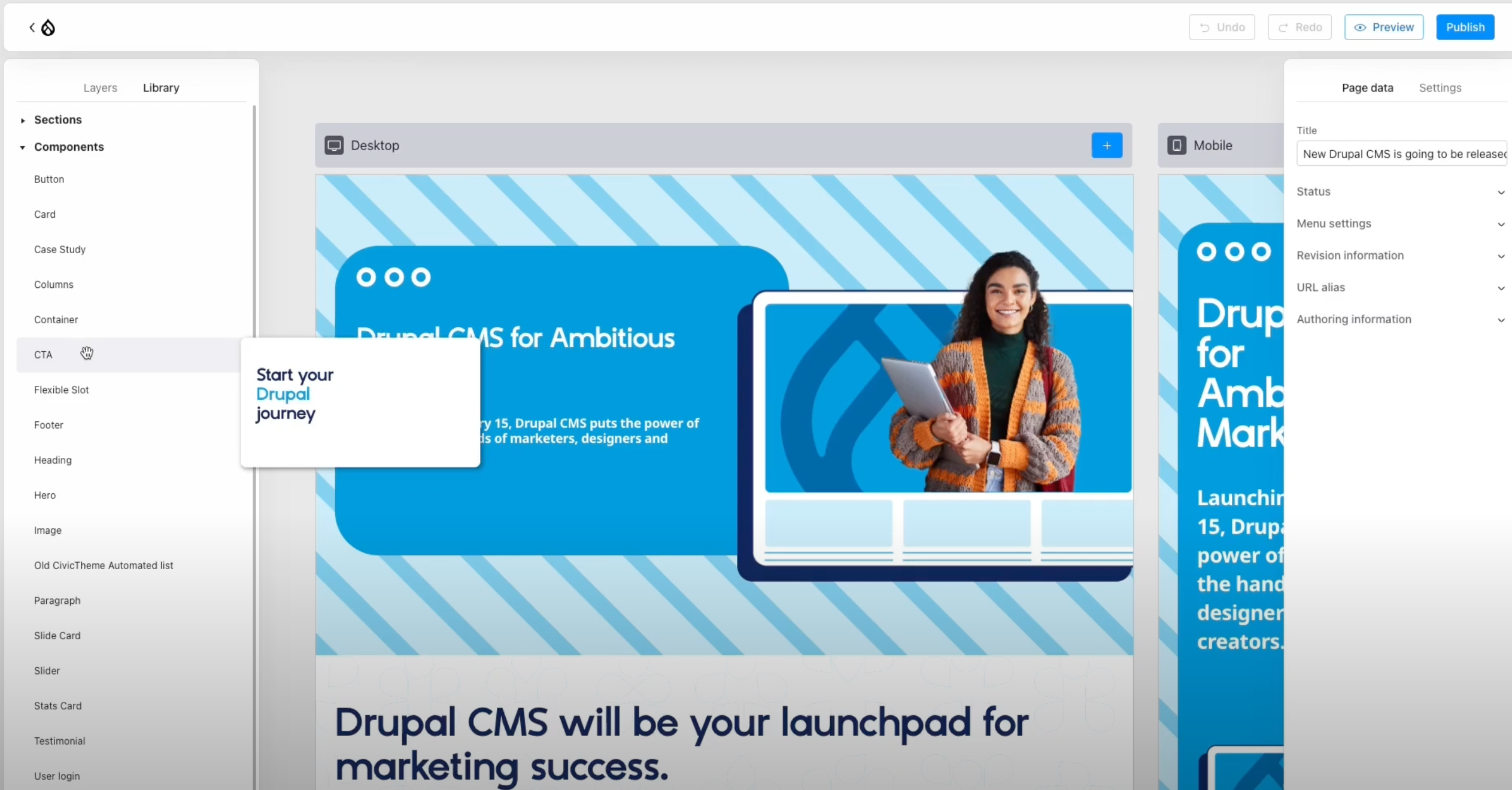 Przykład możliwości edycji w Drupal Experience Builder
