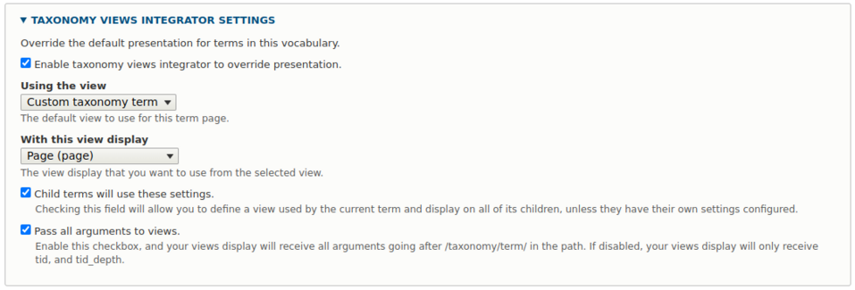 Wybieranie widoków dla słowników i terminów w ustawieniach Taxonomy Views Integrator