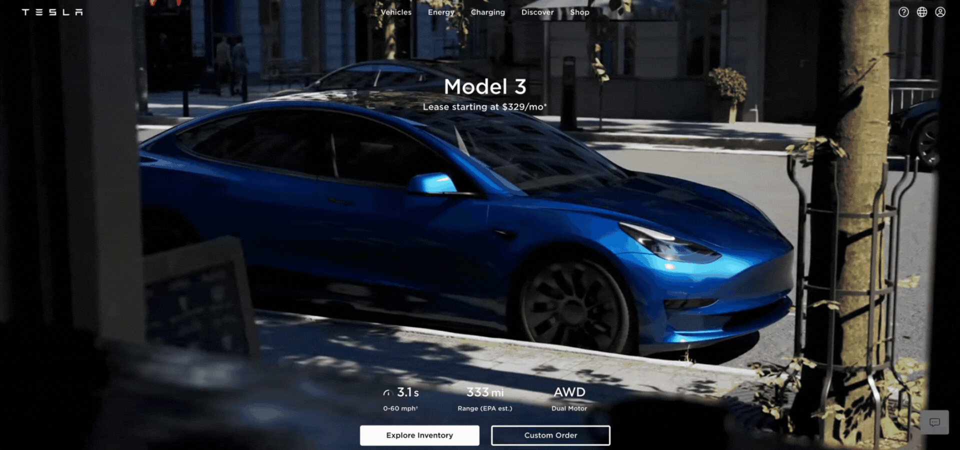 Strona internetowa firmy Tesla wyróżnia się wysokiej jakości wideo, grafikami i zwięzłym copy.