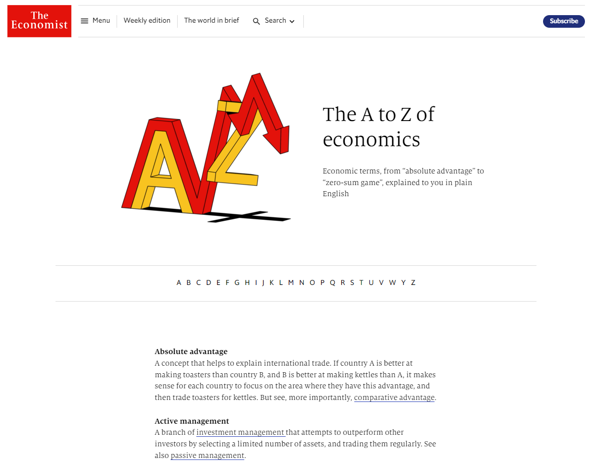 The Economist dostarcza czytelnikom zasoby, takie jak słownik wyjaśniający terminy ekonomiczne