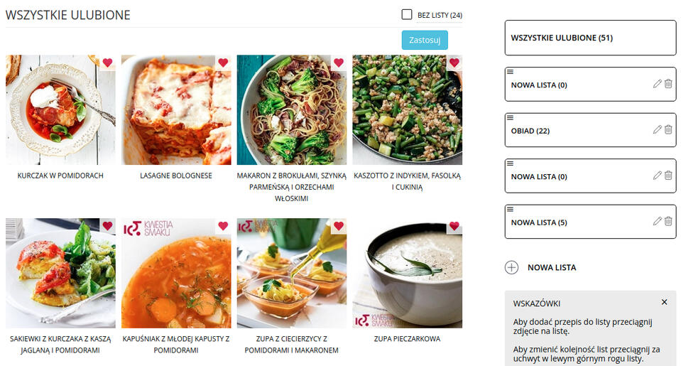 Na stronie Kwestiasmaku.com użytkownicy mogą tworzyć listy z ulubionymi przepisami