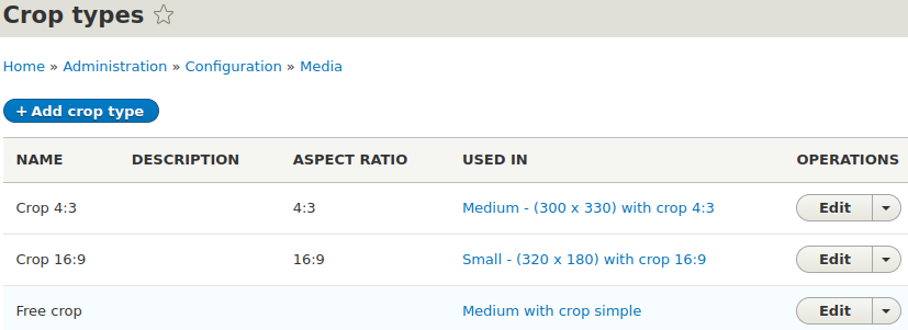 Definiowanie typów przycinania w encji Crop type w module Drupala Crop API