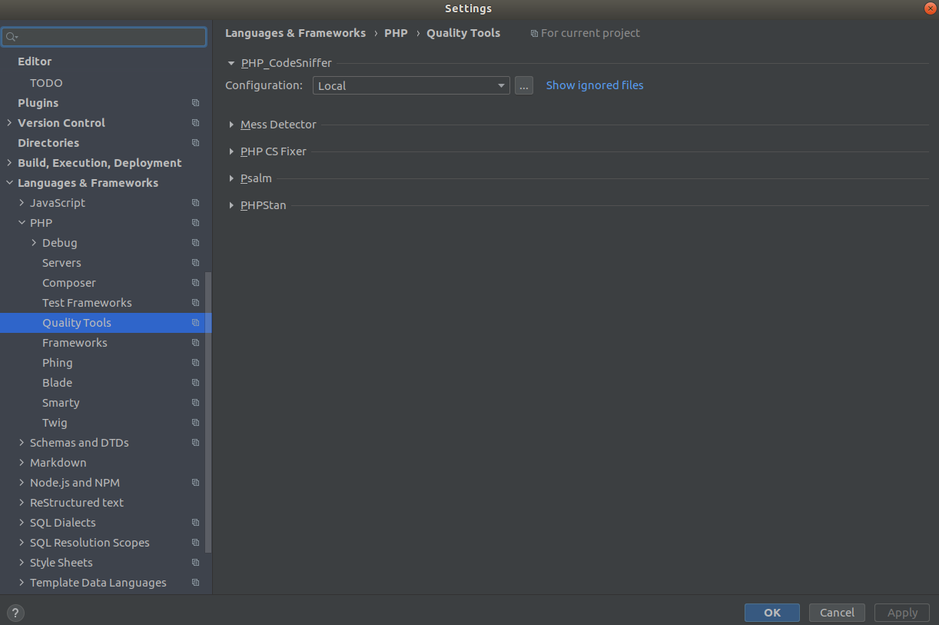 Widok ustawień PHP_CodeSniffer w zakładce Quality Tools w PHPStorm