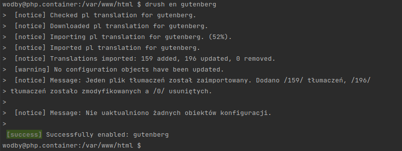 Wykorzystanie komendy Drusha do włączenia modułu Gutenberg w Drupalu