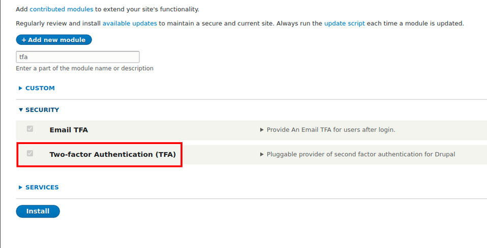 Włączanie modułów takich jak Two-factor Authentication (TFA) w Drupalu