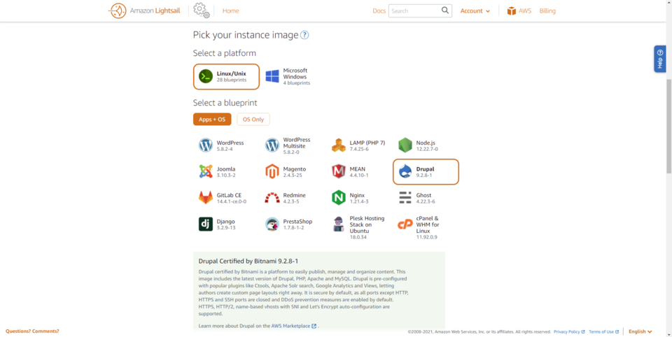 Wybieranie Drupala wśród dostępnych CMS-ów do hostowania na Amazon Lightsail