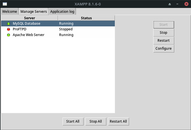 Zakładka Manage Servers w Xampp, która pokazuje uruchomione i zatrzymane usługi