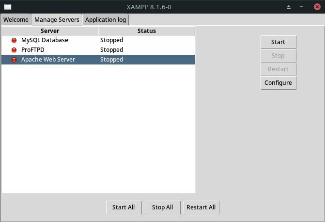 MySQL Database, ProFTPD i Apache Web Server w zakładce Manage Servers w Xampp