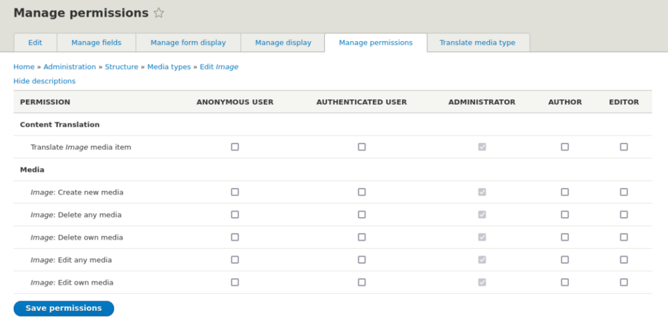 Zakładka Manage permissions jest jedną z nowych funkcjonalności wprowadzonych w Drupalu 9.4