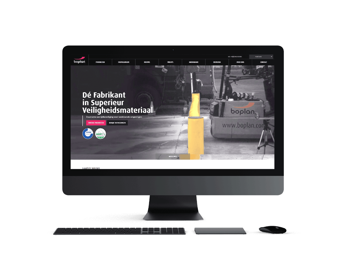 Strona internetowa dla firmy produkcyjnej Boplan z Belgii oferującej barierki antywstrząsowe.
