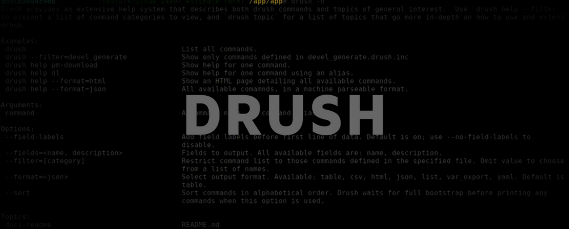 Text "Drush" visible on the background made from drush screenshot