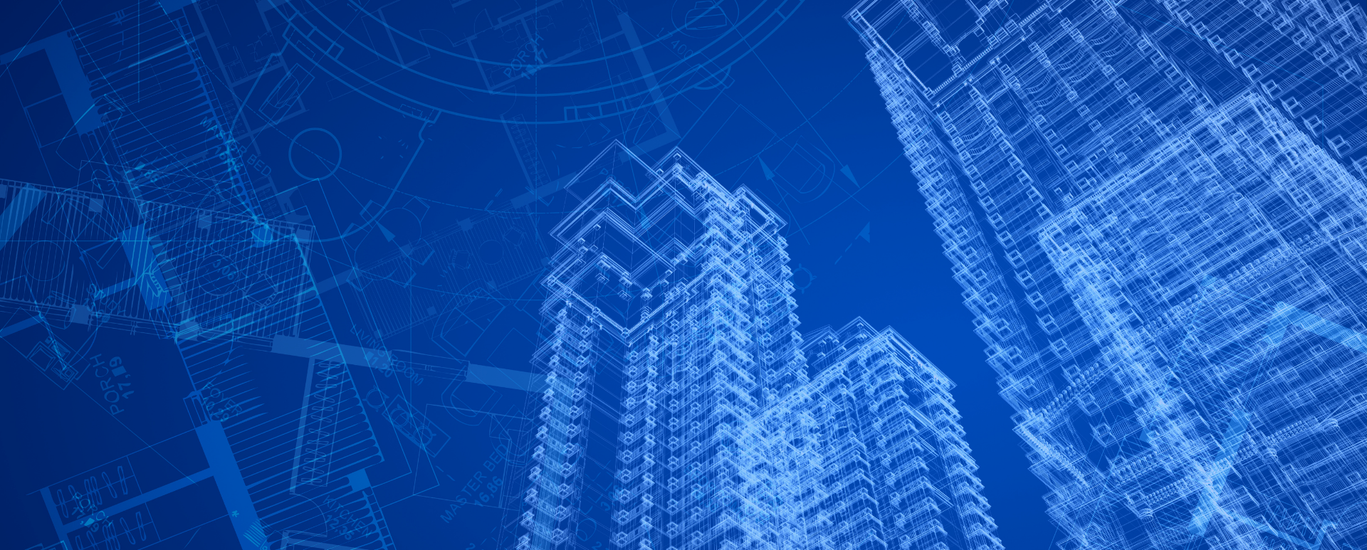 Plany architektoniczne i świecące modele szkieletowe wieżowców w odcieniach niebieskiego, wizualna metafora planowania architektury serwisu Drupal.