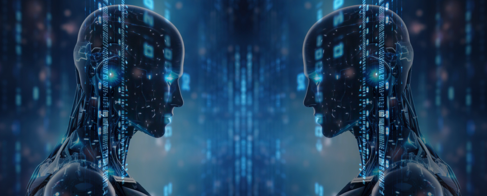 Dwa lustrzane profile humanoidalnych robotów naprzeciw siebie na tle świecących niebieskich strumieni danych i obwodów – wizualna metafora porównania Drupal vs WordPress enterprise w erze AI.