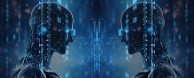 Dwa lustrzane profile humanoidalnych robotów naprzeciw siebie na tle świecących niebieskich strumieni danych i obwodów – wizualna metafora porównania Drupal vs WordPress enterprise w erze AI.