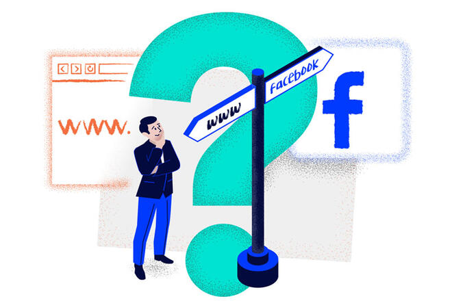 A man standing in front of sidepost, trying to decide which way he should follow. The two available ways are labelled "Facebook" and "WWW"There is a big, teal question mark at the background of the image