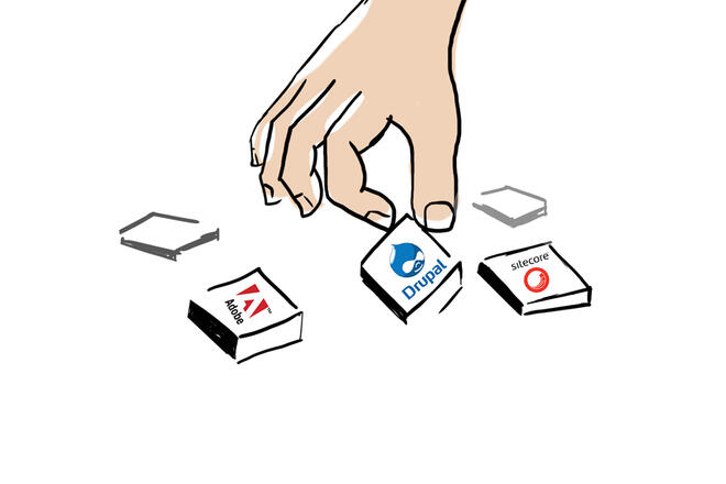 A hand picking Drupal logo among other poplar cmf-s