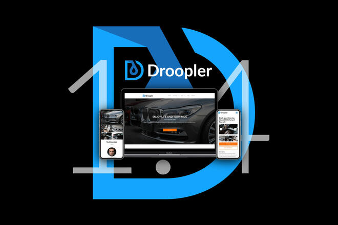Droopler.1.4 visualisation. Logo of the Drupal distribution in the background.