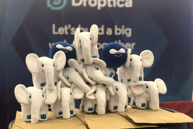 Na papierowych torbach stoi 10 pluszowych, białych słoników Na słoniach ustawione są dwie pluszowe piłeczki-druplicony. W tle: ścianka reklamowa Droptica.