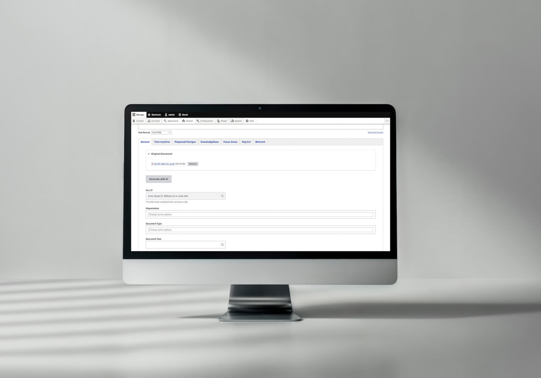 Ekran prezentujący panel CMS z opcją “Generate with AI” do automatycznego uzupełniania informacji o dokumencie.