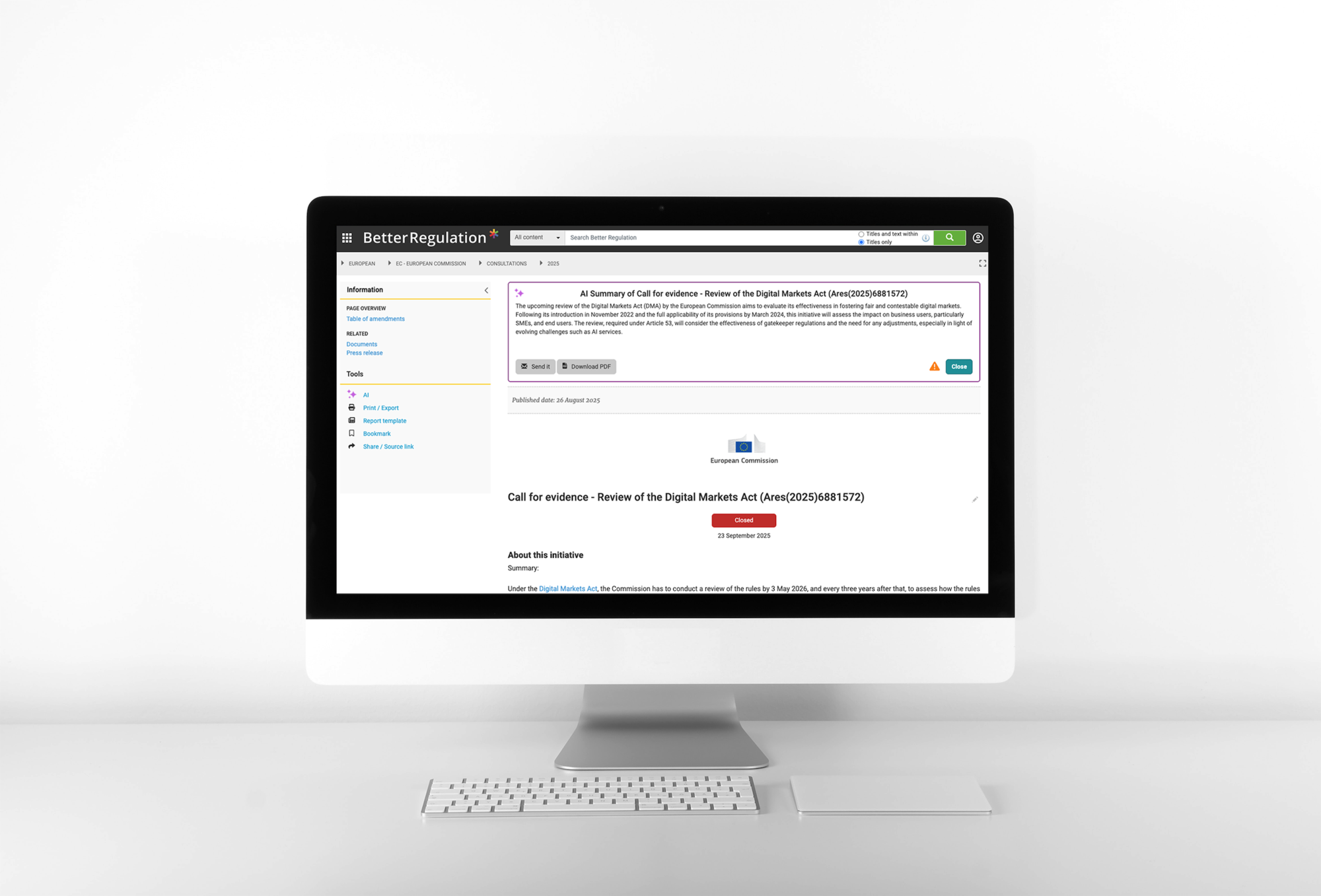 Ekran z platformą BetterRegulation prezentujący okno ze streszczeniem dokumentu. 