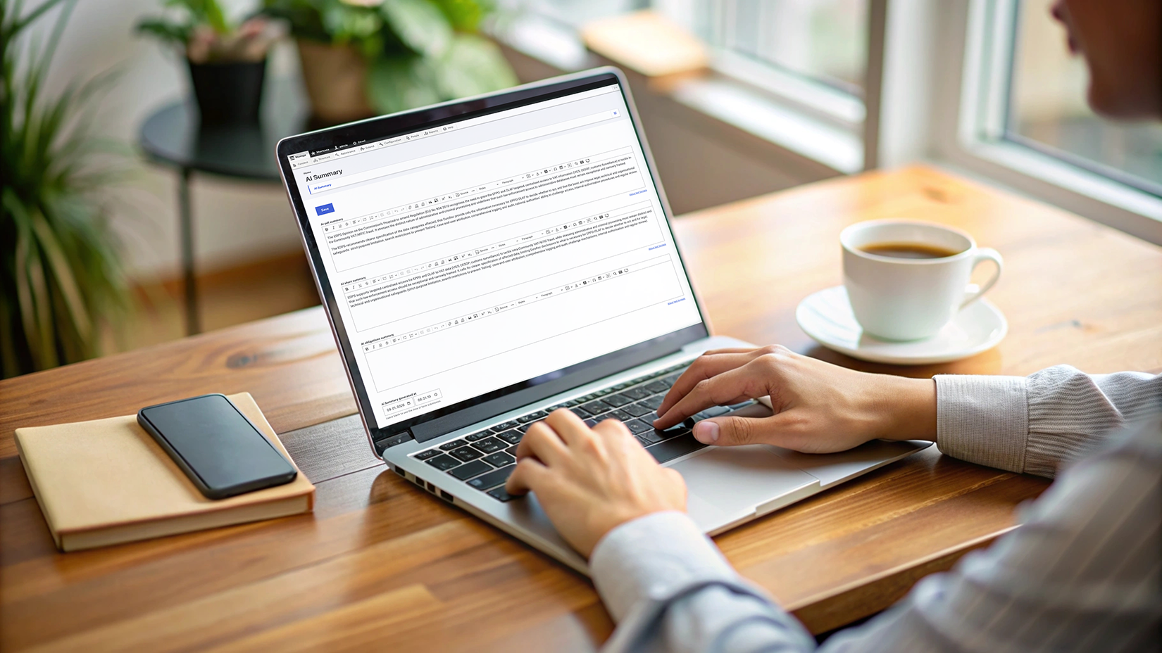 Laptop z widocznym panelem CMS, w którym znajdują się automatyczne streszczenia wygenerowane z AI.
