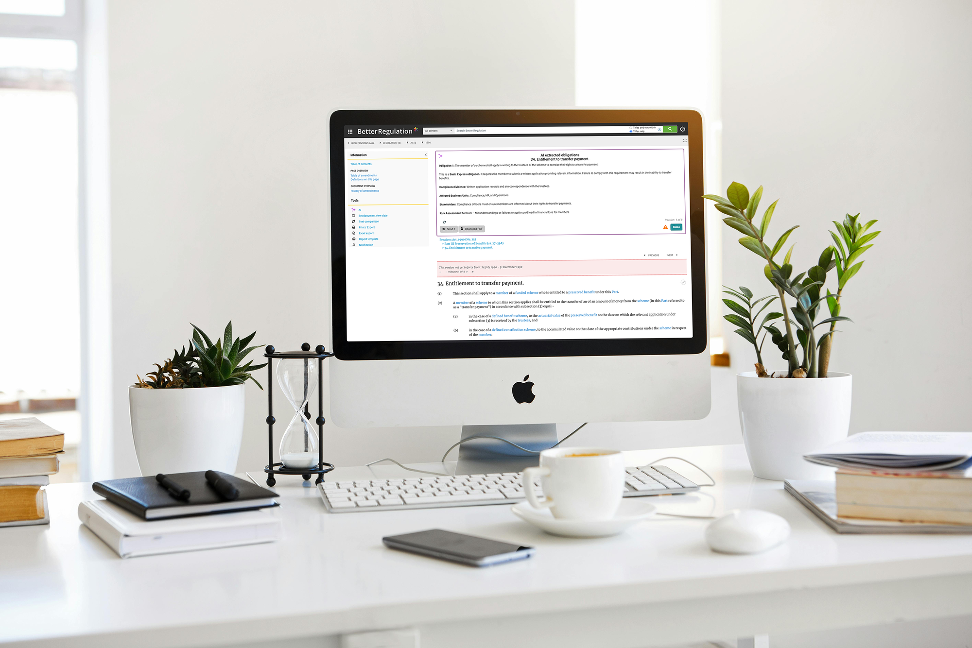 Komputer z widocznym streszczeniem obowiązków regulacyjnych wygenerowanym z użyciem AI.