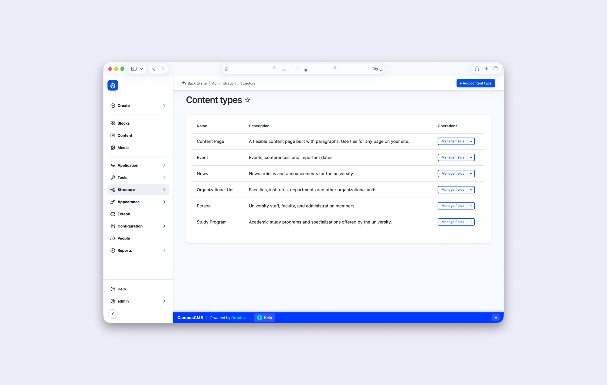 Skonfigurowane typy treści dla szkół wyższych w CampusCMS.