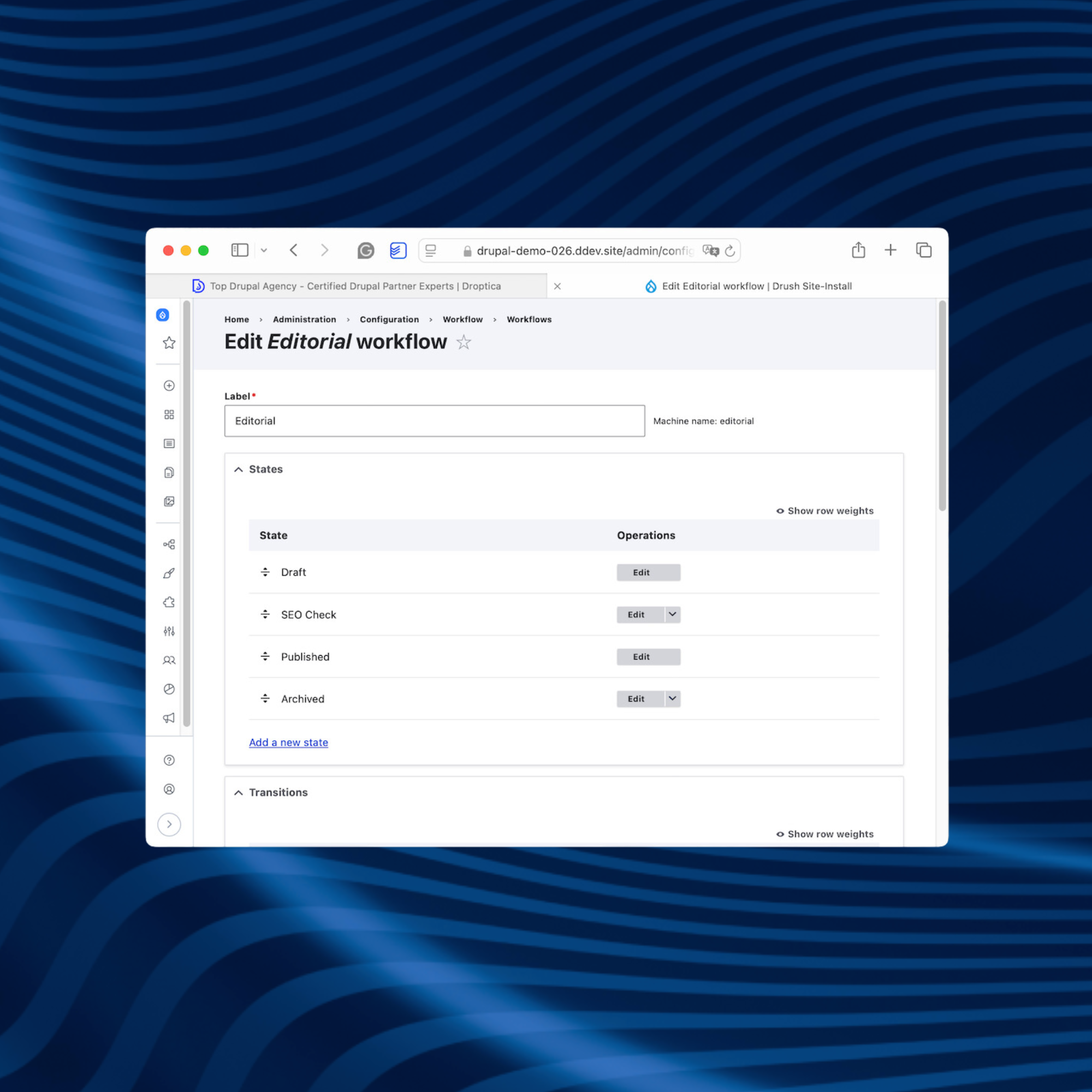 Ustawienia przepływów treści w Drupalu, dzięki którym można zmieniać statusy w systemie CMS.