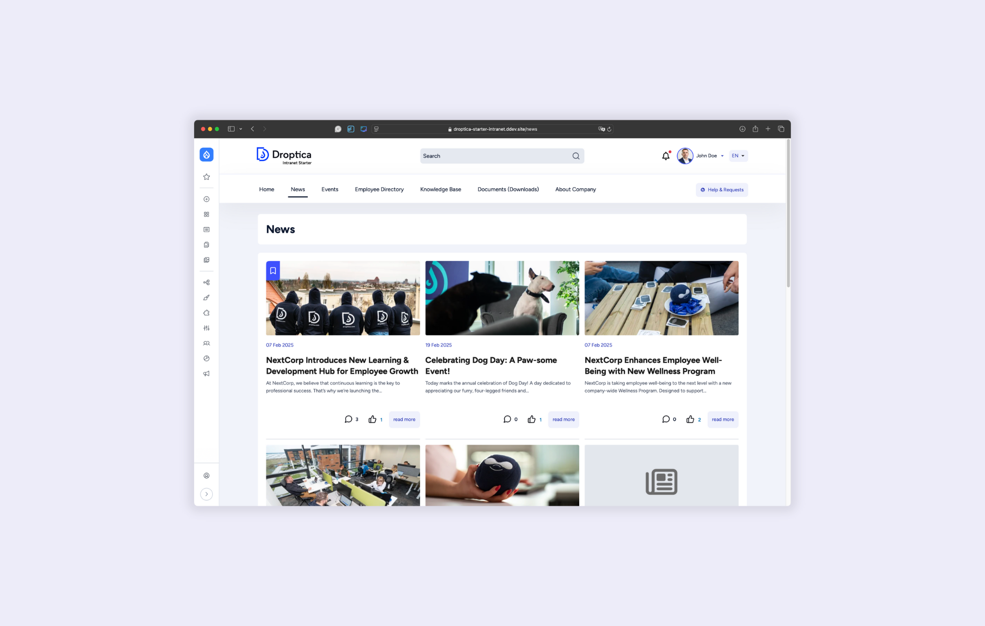 Ekran prezentujący aktualności w gotowym intranecie od Droptica, które wyświetlają się wg uprawnień.