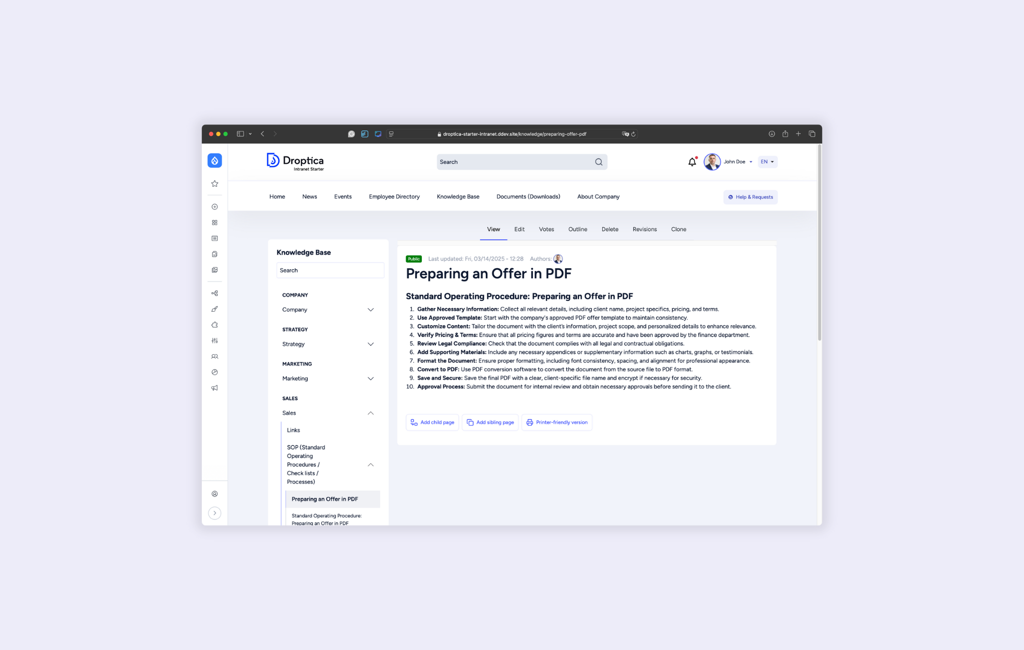 Widok bazy wiedzy w gotowym intranecie Droptica z podziałem tematycznym i opcją edycji dla użytkowników.
